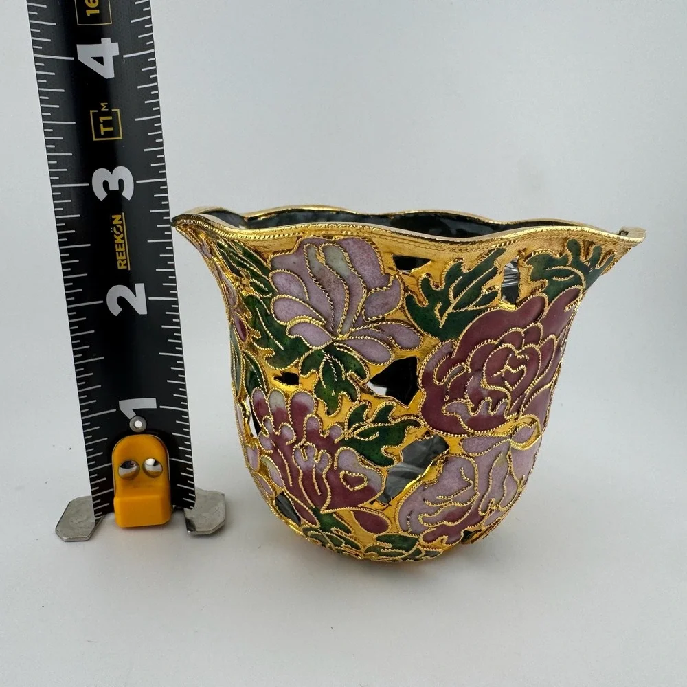 Cloisonne‎ Votive Candle Holder Small Gold Tone Floral Openwork